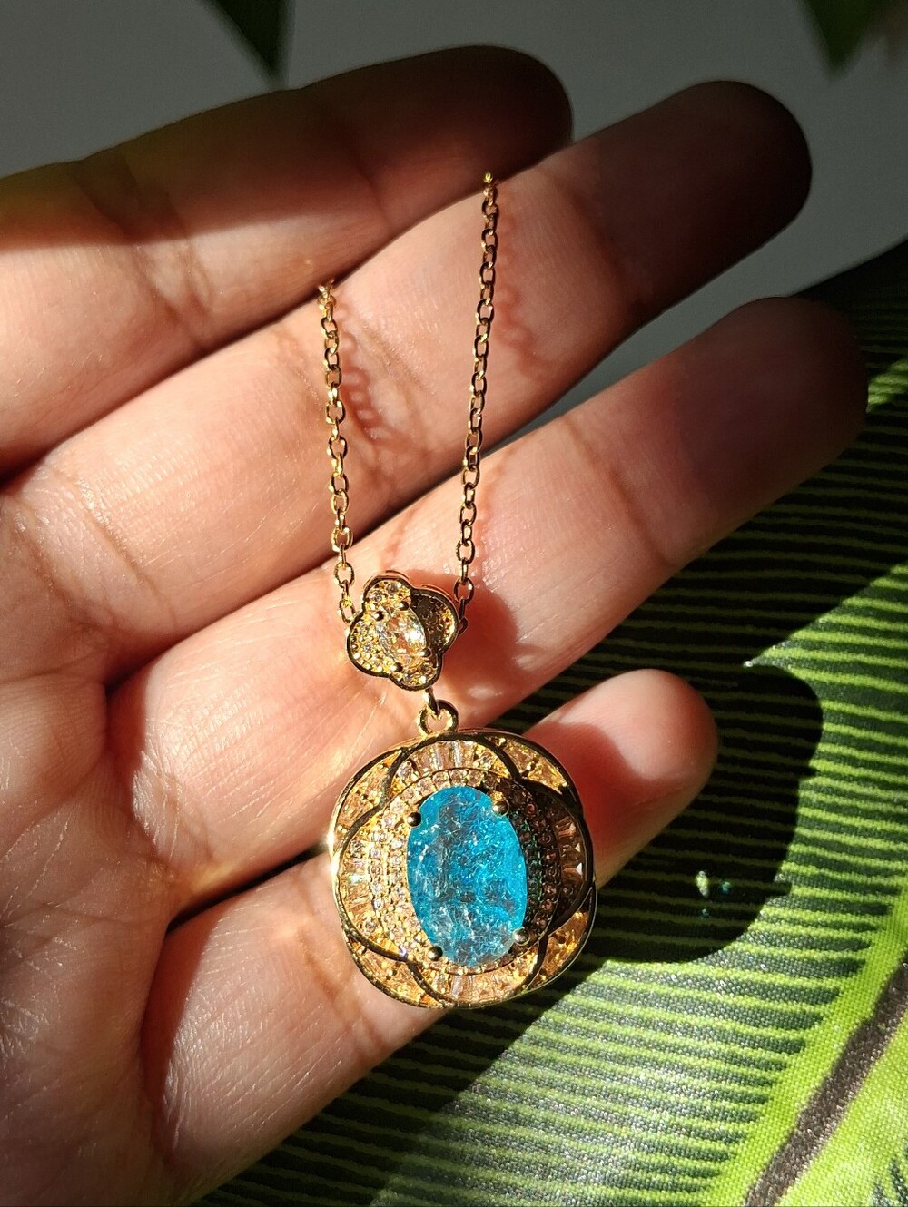 Gold Stainless Steel Necklace with Blue Oval Stone